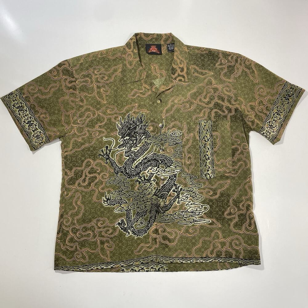 VTG 7 Diamonds Shirt Men’s Large Dragon Print Geometric Summer Hawaiian Tropical